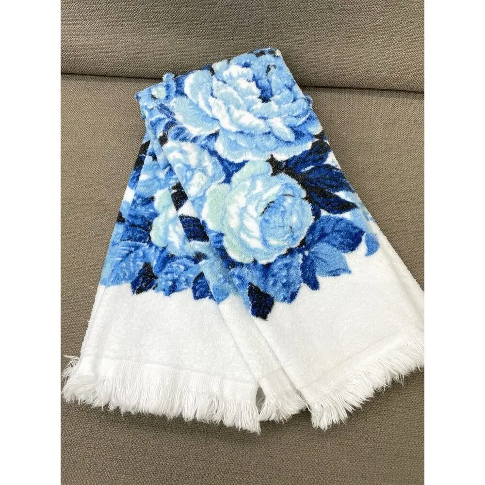 Vintage Cannon Hand Towels – White with Blue Floral Print – Set of 2 NOS Cottage